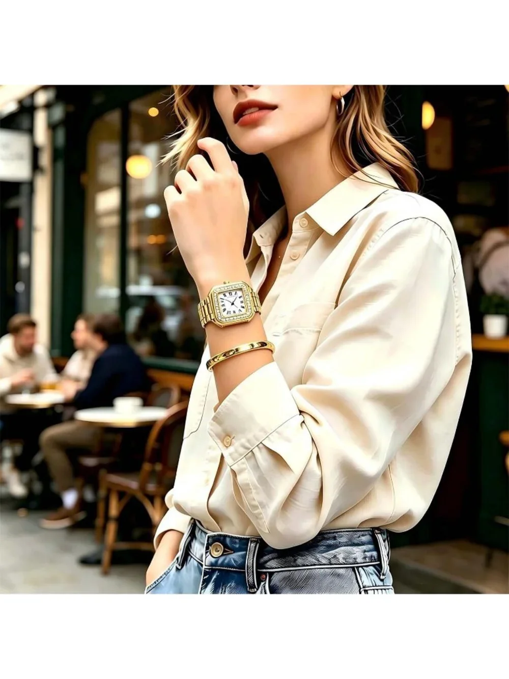 Women's Gold Roman Dial Bangle Stainless Steel 2 Bracelets Set Ladies Wristwatch